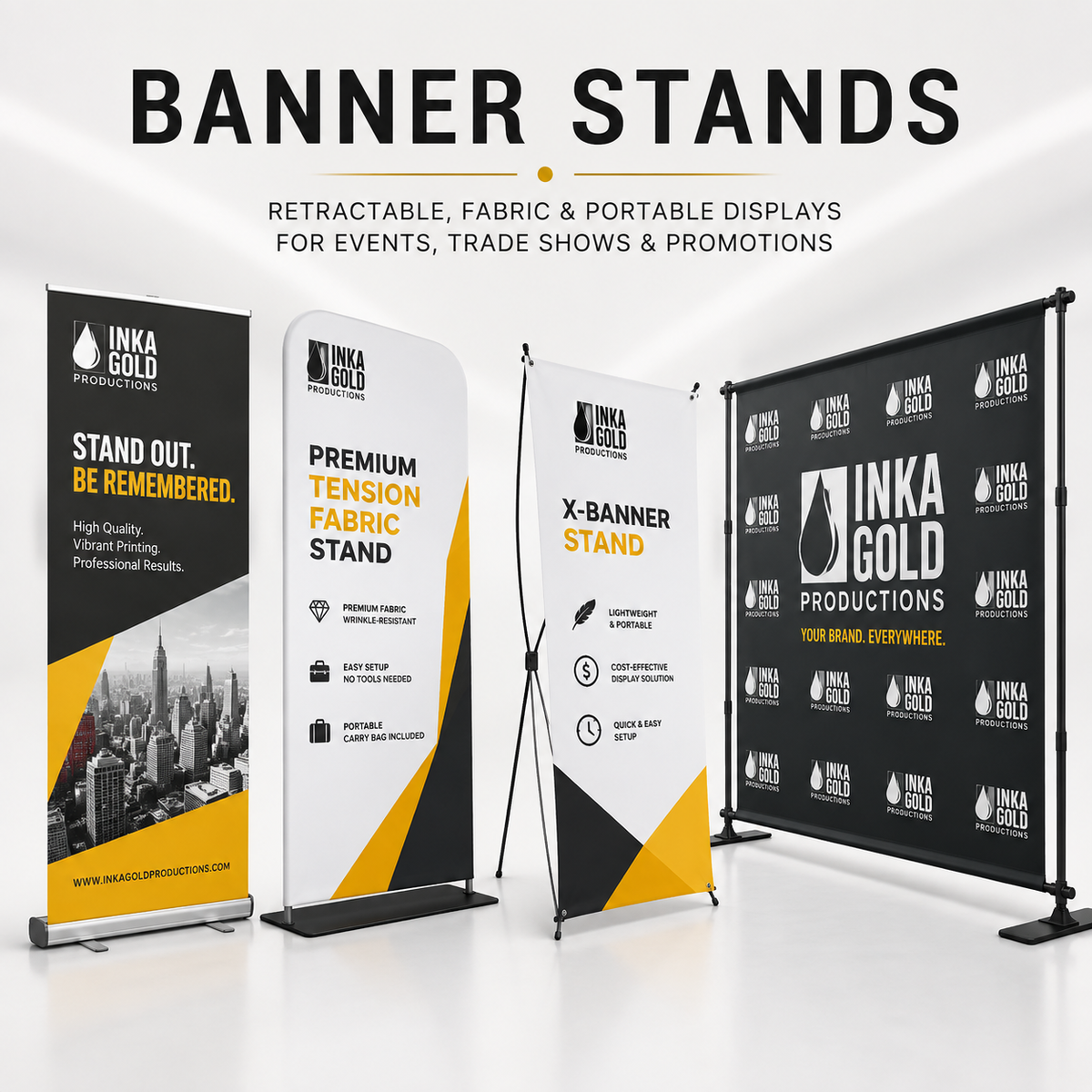 Custom banner stand collection featuring retractable, tension fabric, X-banner and backdrop displays for trade shows, events and business promotions.