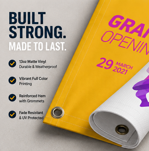 Close-up of a durable 13oz outdoor vinyl banner with reinforced hem and metal grommets for secure hanging and outdoor use.