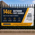 Custom 14oz outdoor vinyl banner with full color printing, reinforced hems and grommets, designed for durable weather-resistant outdoor advertising.