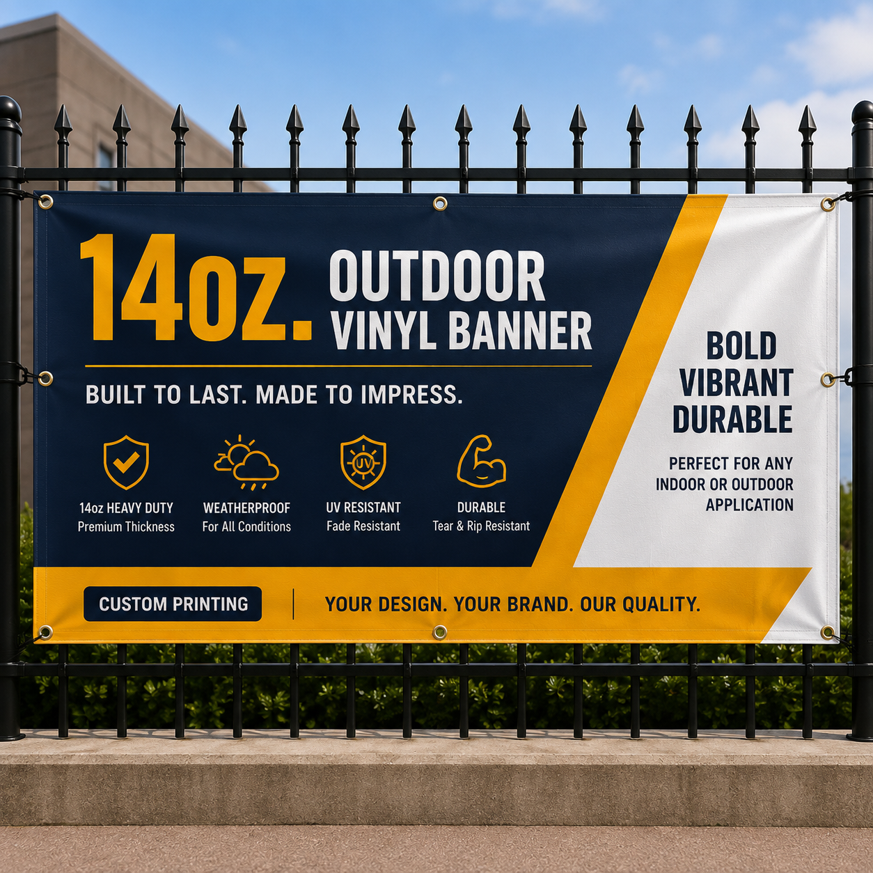 Custom 14oz outdoor vinyl banner with full color printing, reinforced hems and grommets, designed for durable weather-resistant outdoor advertising.