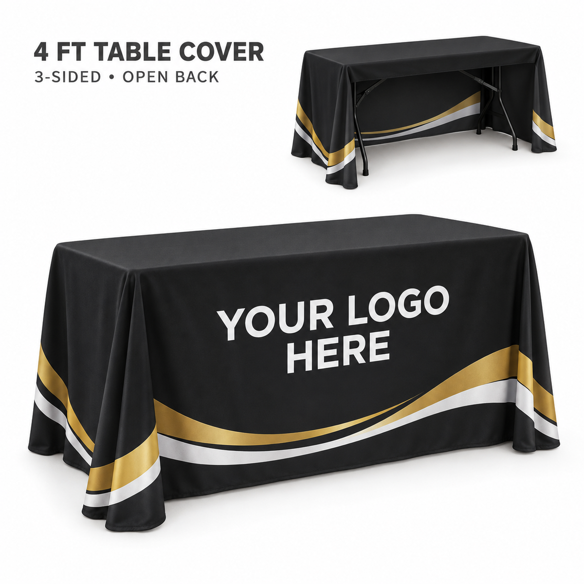 Front and rear views of a 4ft custom printed three-sided table cover with an open back, black and gold design, and logo placement.