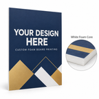 Custom foam board sign with a navy, gold, and white design, plus a close-up showing the white foam core edge.