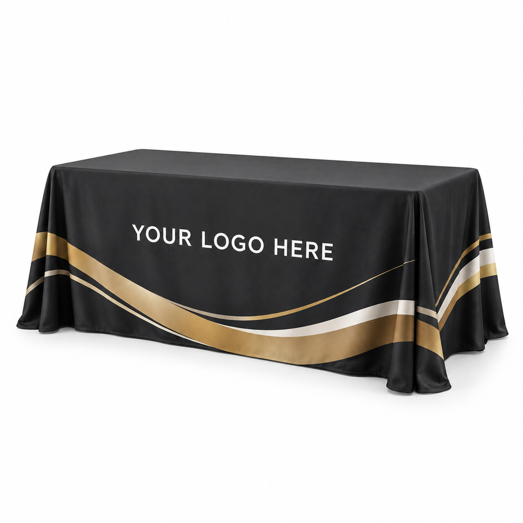 Custom printed table cover mockup with black fabric, gold and white curves, and “Your Logo Here” on the front