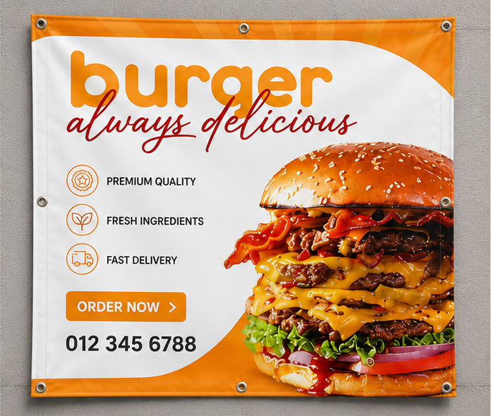 Full-color custom printed vinyl banner with reinforced edges and grommets, designed for business advertising, promotions and outdoor displays.