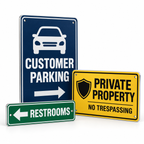 Three custom aluminum signs in different sizes showing customer parking, private property, and restroom directions.