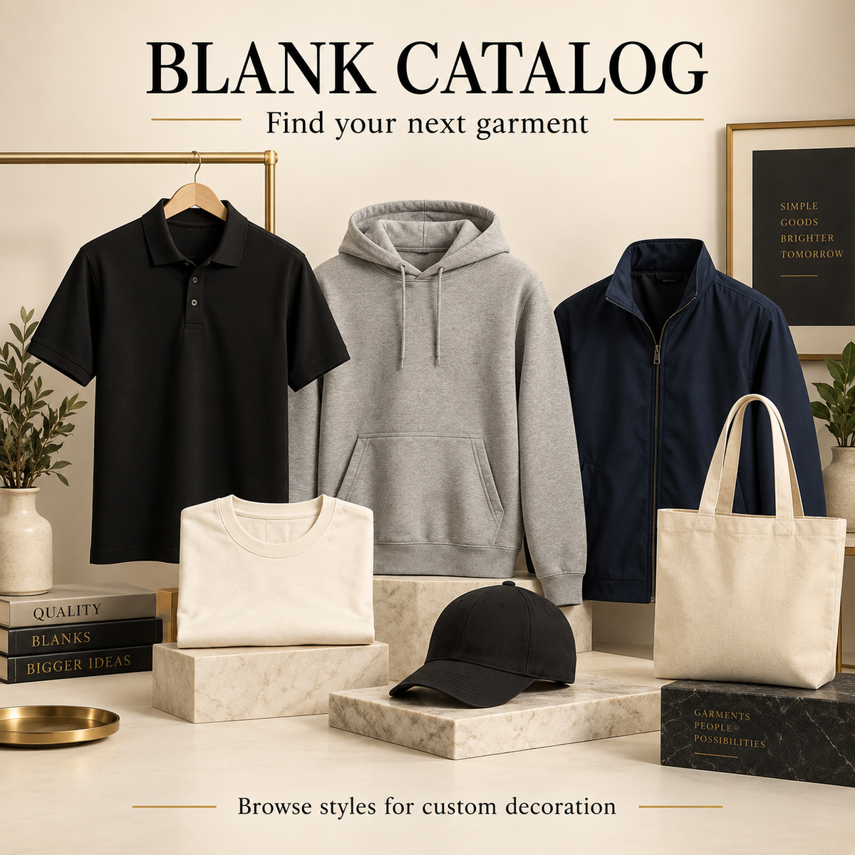 Illustrative selection of blank apparel and accessories for custom decoration.