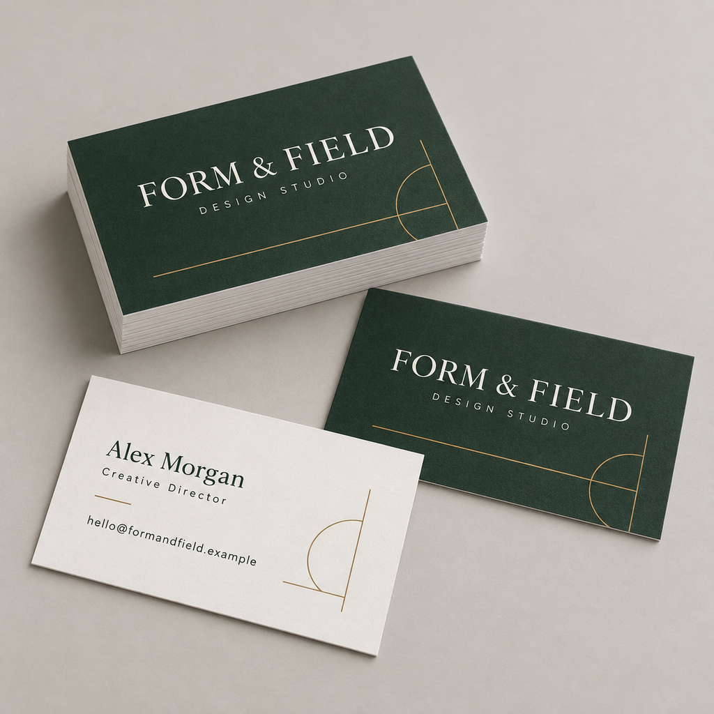 Custom business cards with dark green fronts and white backs, stacked to show both printed sides