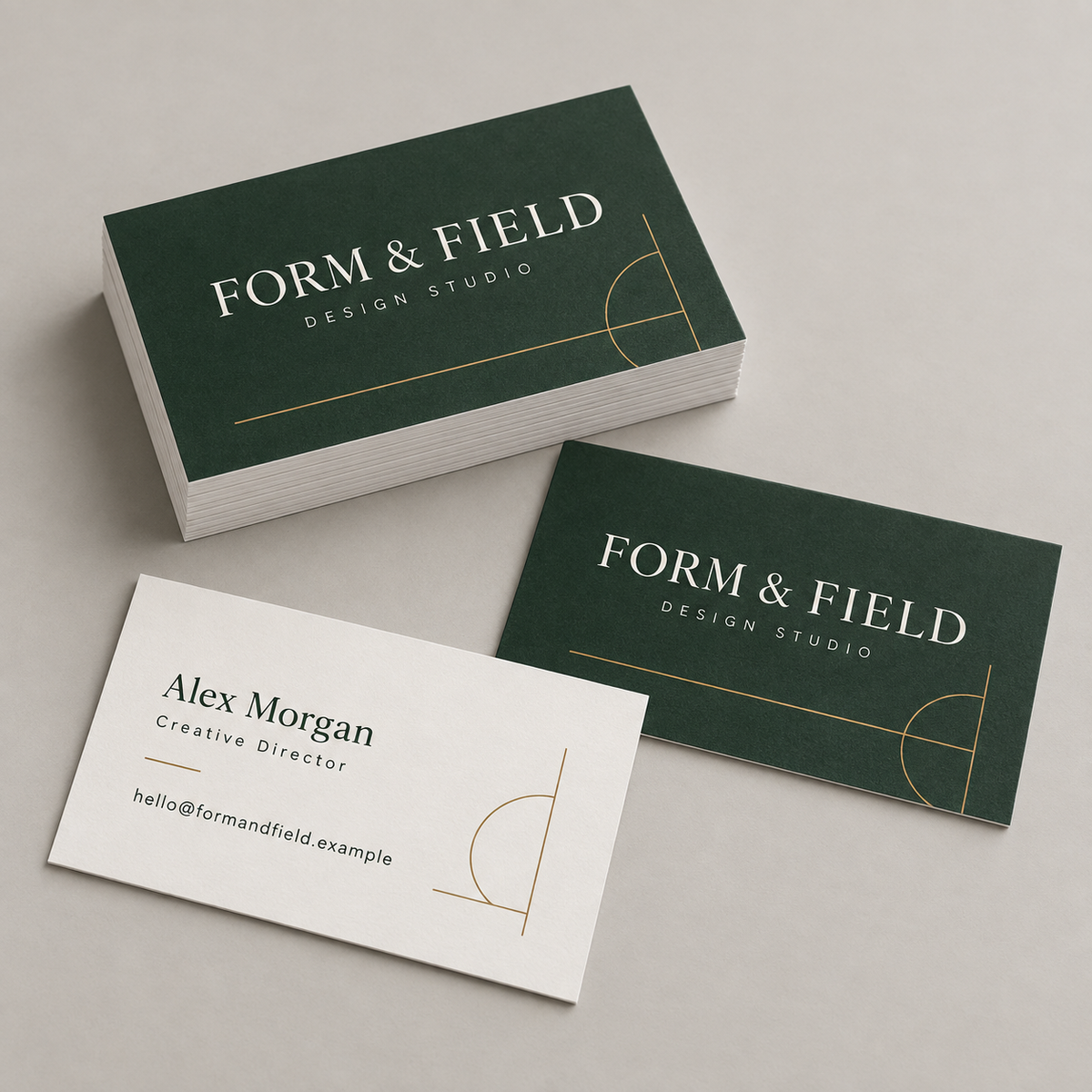 Custom business cards with dark green fronts and white backs, stacked to show both printed sides