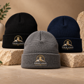Custom embroidered knit cuff beanies in black navy and gray