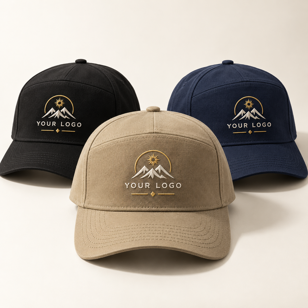 Custom embroidered five-panel cotton twill hats