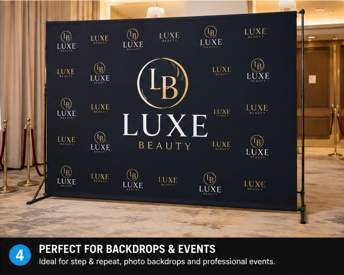 Custom printed fabric backdrop and step and repeat banner displayed at a professional event for photos, branding and promotional displays.