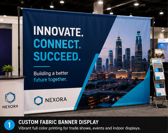 Custom fabric banner with vibrant full color printing displayed at a professional trade show booth for events and indoor advertising.
