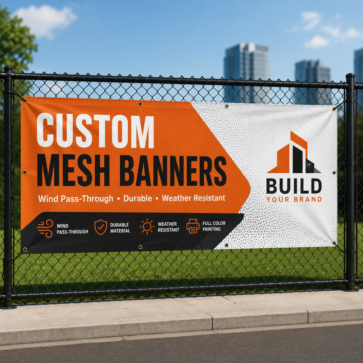 Custom printed mesh banner installed on a chain-link fence with grommets, featuring wind pass-through material for durable outdoor advertising.
