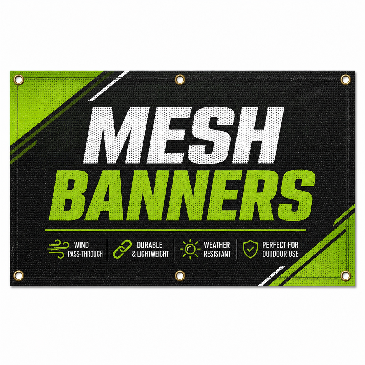 Custom printed mesh banner with grommets and wind pass-through material, designed for durable outdoor advertising, fences and windy locations.