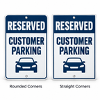 Navy and white reserved customer parking signs with mounting holes, showing rounded and straight corner options.