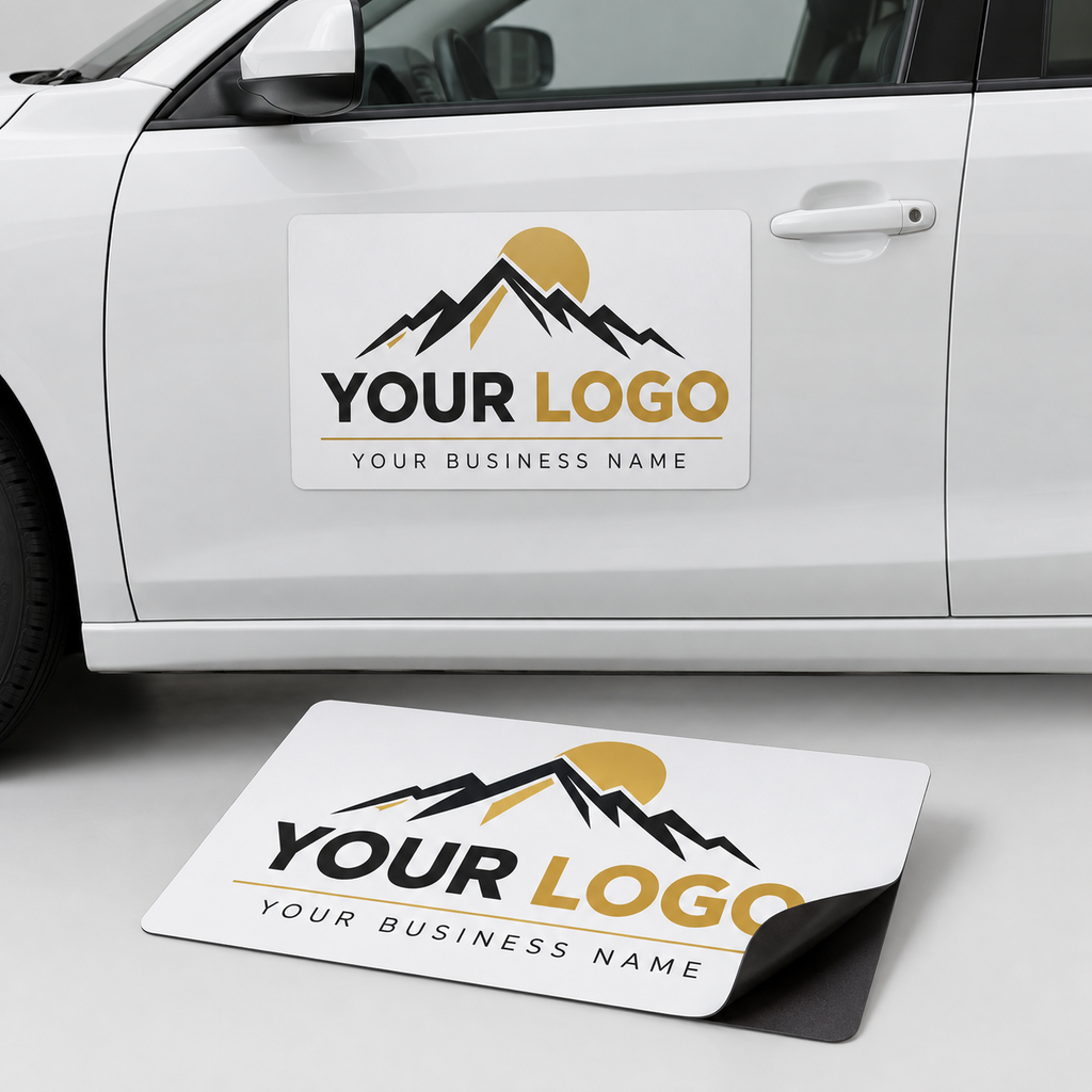 Custom printed matte vehicle magnet mockup with black and gold sample artwork