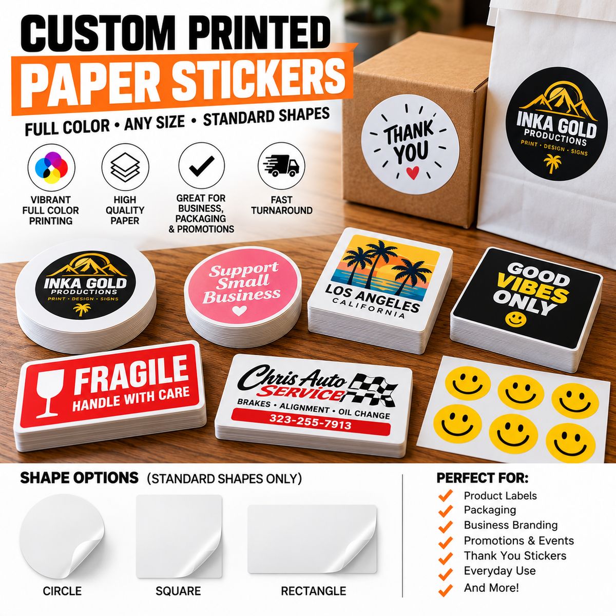 Custom Printed Paper Stickers – Rectangle, Square & Circle