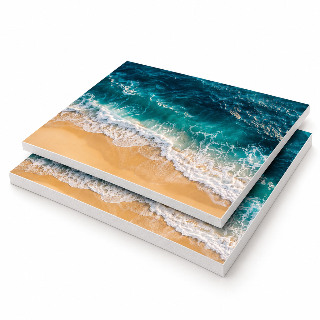 two stacked Ultra Gator Board print mockups featuring ocean waves and golden sand, with exposed white board edges
