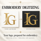 Illustrative example of logo artwork converted into an embroidery stitch file. Digitizing service; physical embroidery sold separately.