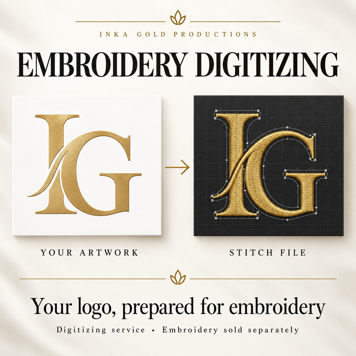 Illustrative example of logo artwork converted into an embroidery stitch file. Digitizing service; physical embroidery sold separately.