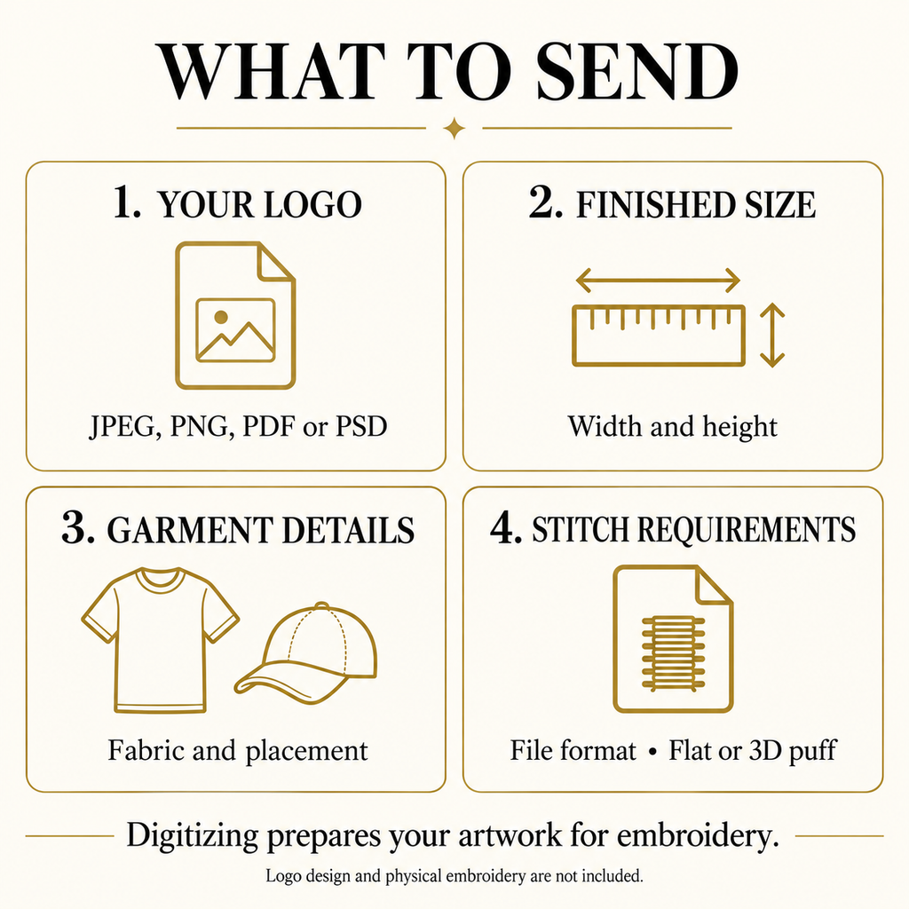 Digitizing artwork checklist: send your logo, finished size, garment fabric and placement, and required stitch file format.