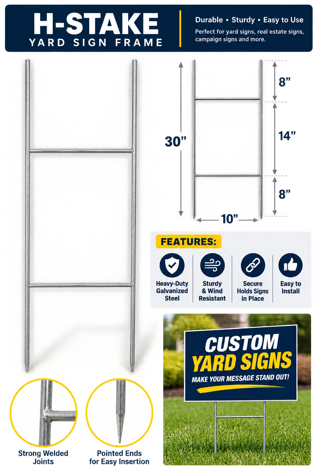 30-inch H-stake yard sign holder with 10-inch width, designed for displaying corrugated plastic yard signs.