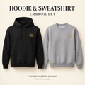 Illustrative hoodie and sweatshirt with left-chest logo embroidery. Customer-supplied garments; garments not included.