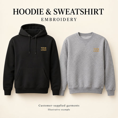 Illustrative hoodie and sweatshirt with left-chest logo embroidery. Customer-supplied garments; garments not included.