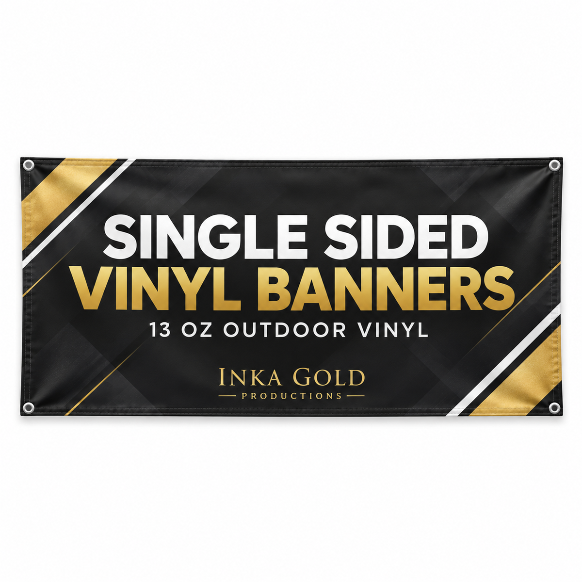 Inka Gold Productions single-sided 13oz outdoor vinyl banner mockup with hems and grommets