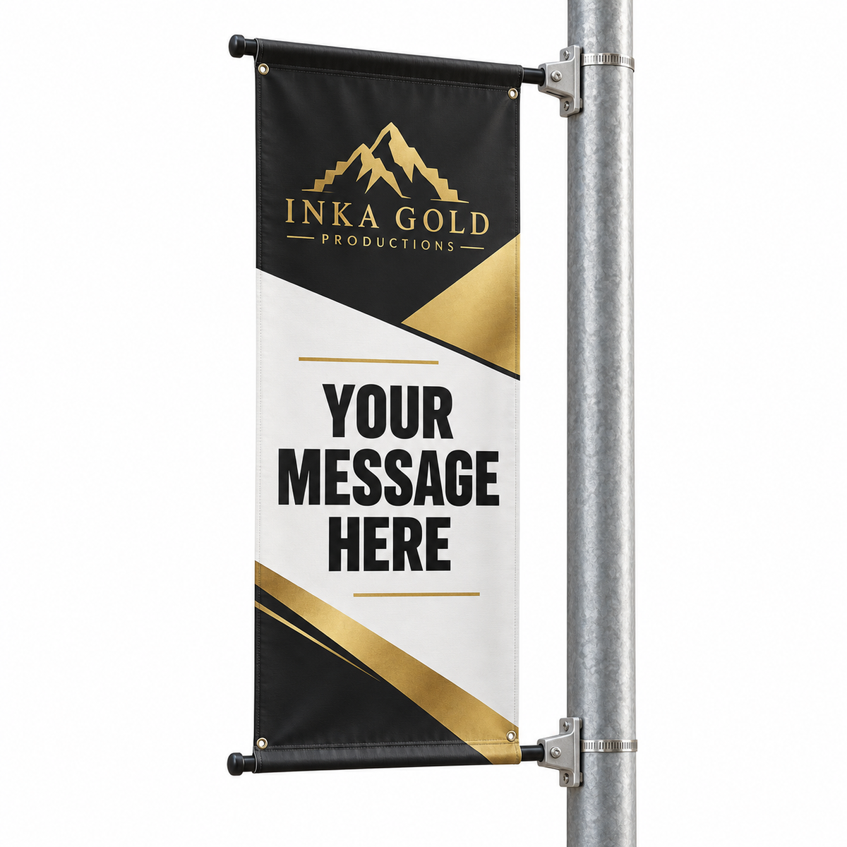 Pole Banner Set – 18oz Double-Sided with Inka Gold Productions black and gold artwork
