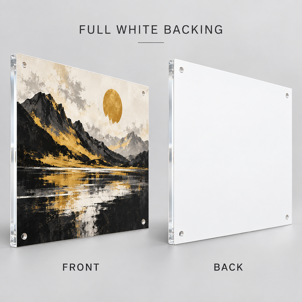 Clear Acrylic Prints – Full White Backing front and back comparison — illustrative product mockup