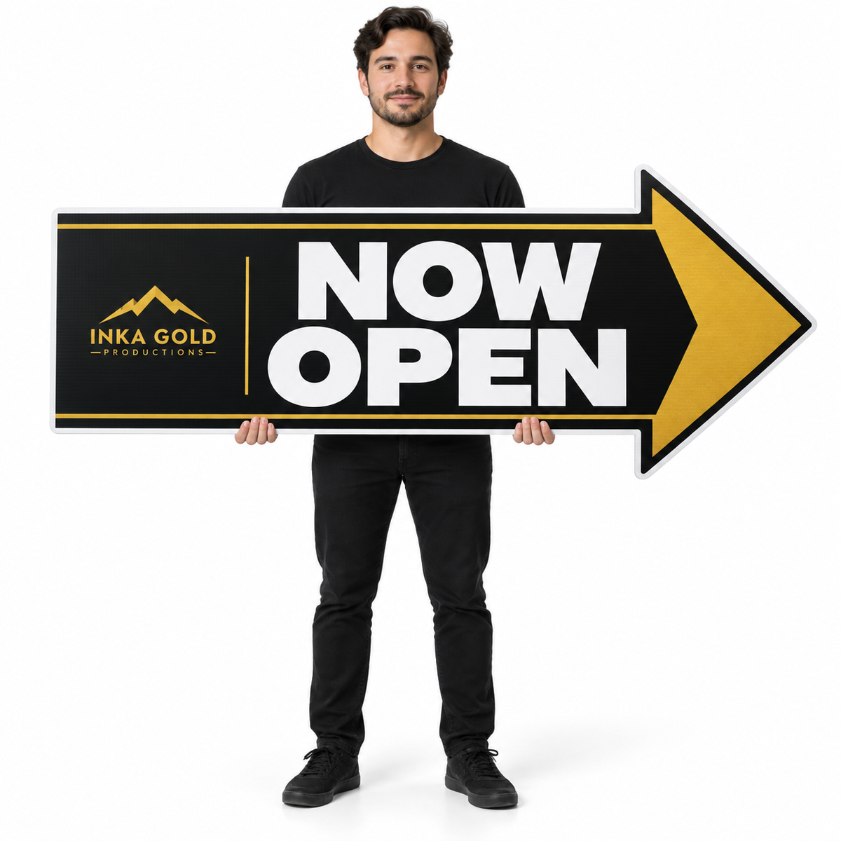 Arrow Spinner Signs with Inka Gold Productions black and gold artwork