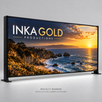 Inka Gold Productions backlit vinyl banner displayed in an illuminated lightbox; banner print only, lightbox not included