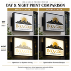Illustrative comparison of single-layer and double-layer backlit banner printing in daylight and at night