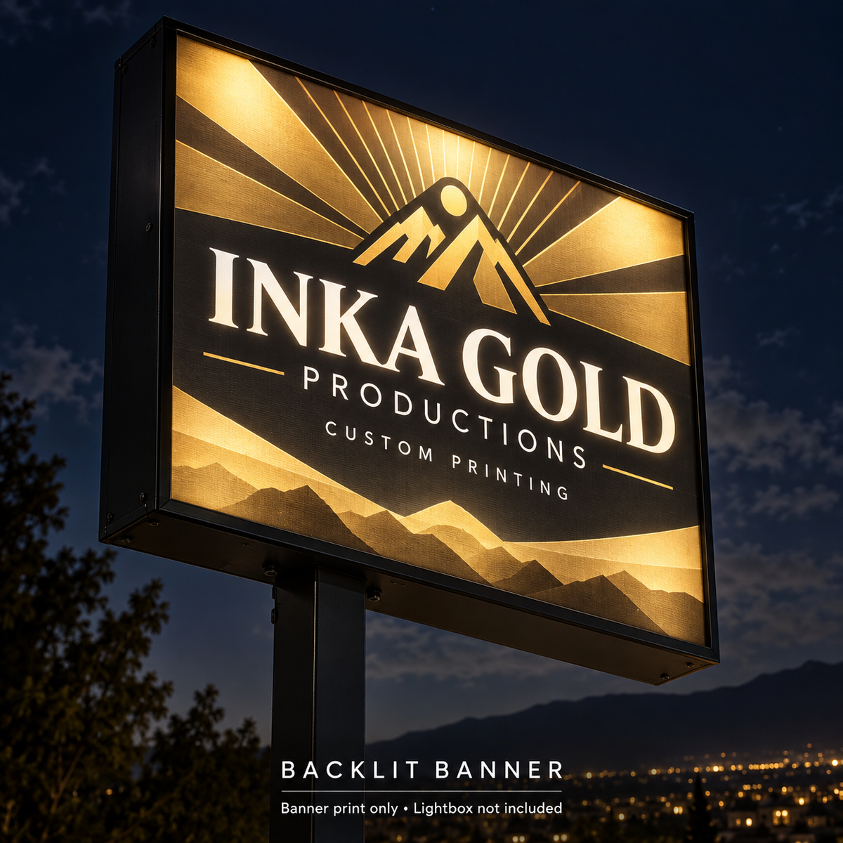 Inka Gold backlit vinyl banner illuminated at night; banner print only, lightbox not included