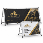 Inka Gold Banner A-Frame mockup showing wide and compact aluminum displays with black white and gold vinyl graphics
