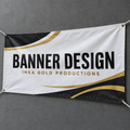 Inka Gold Productions banner design mockup with black and gold artwork and corner grommets