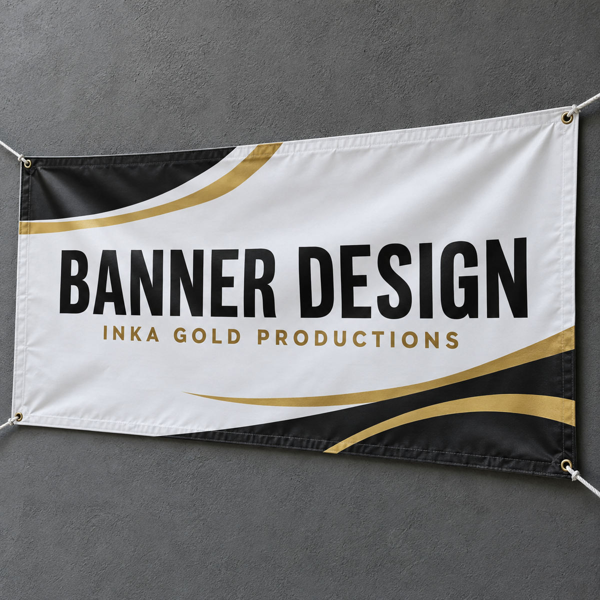 Inka Gold Productions banner design mockup with black and gold artwork and corner grommets