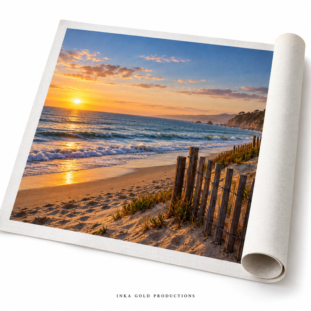 Partially rolled printed artist canvas with coastal photograph and visible canvas texture