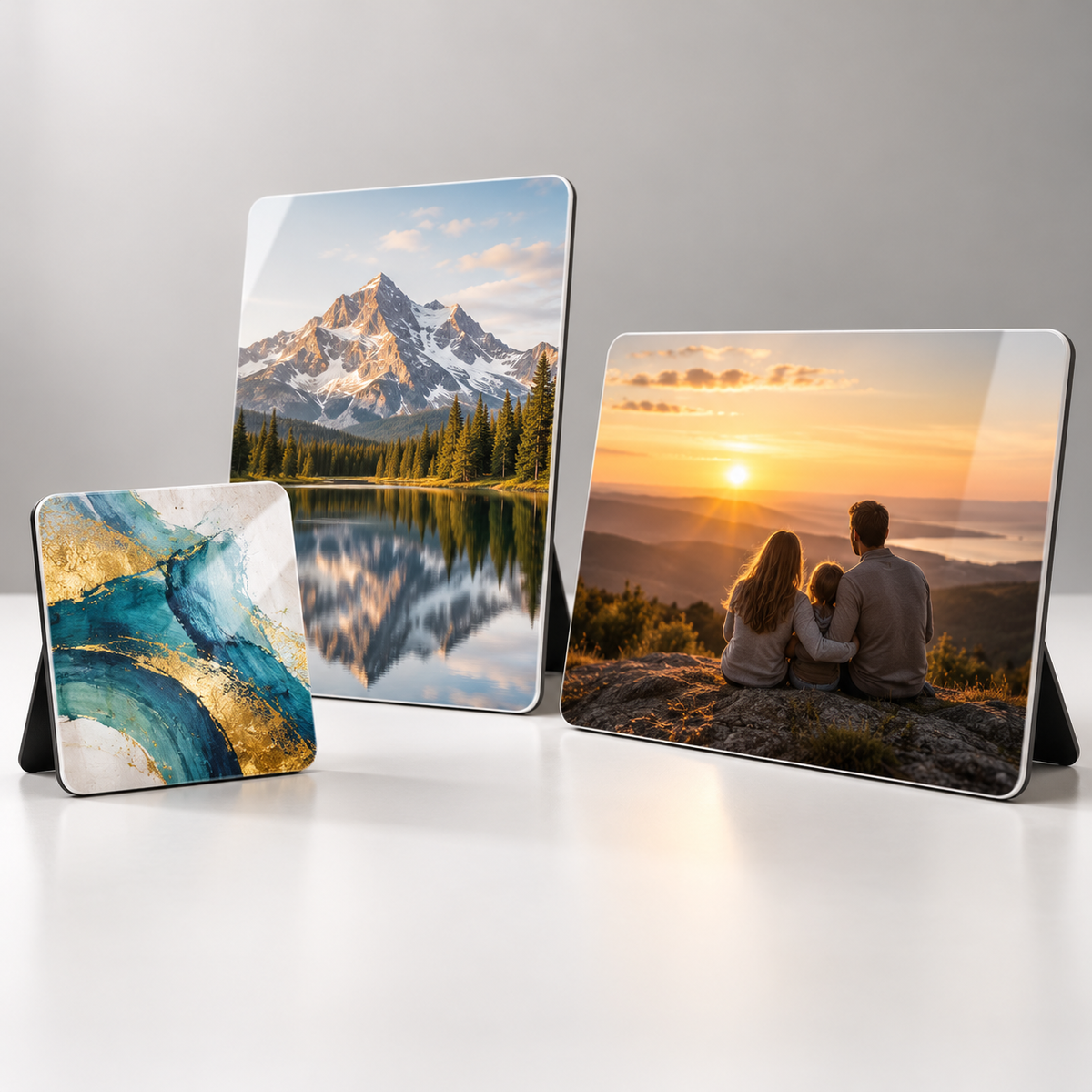 Custom glossy tabletop photo plaques in square, portrait and landscape sizes