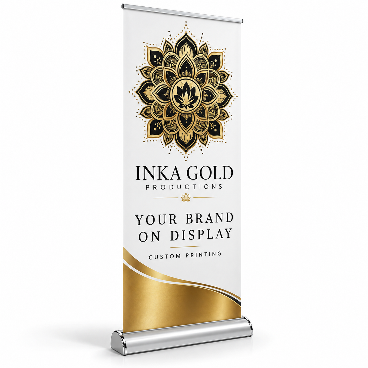 Inka Gold Deluxe Retractable banner stand mockup with gold mandala artwork and silver base