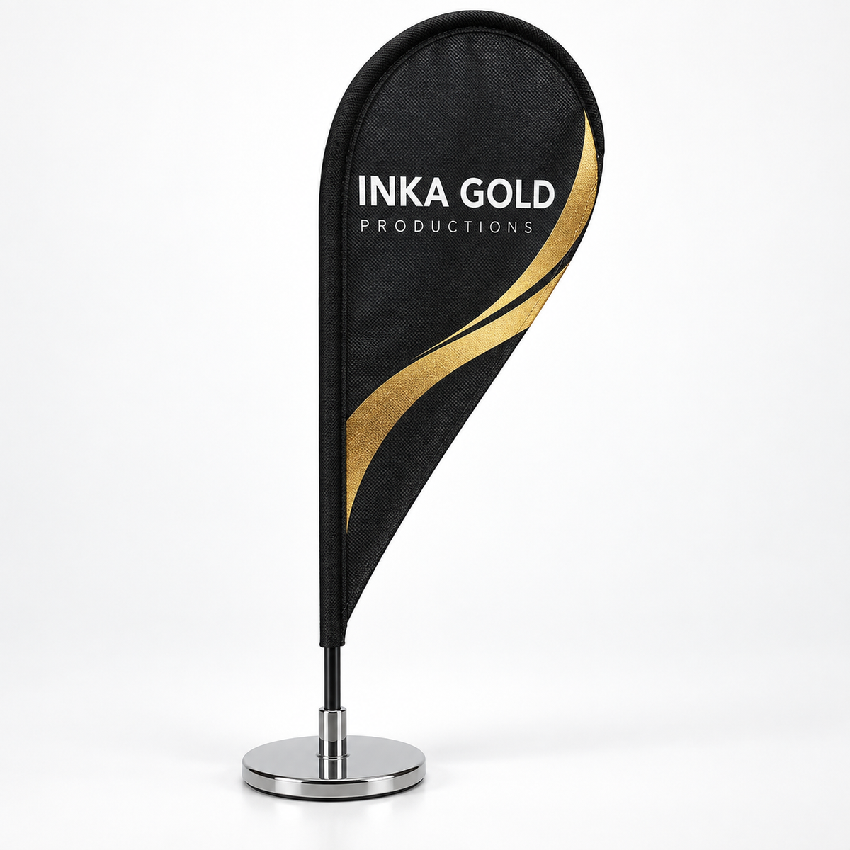 Inka Gold custom desktop teardrop flag with chrome base — illustrative mockup