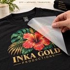 Inka Gold Productions DTF apparel transfer mockup; shirt shown as an application example