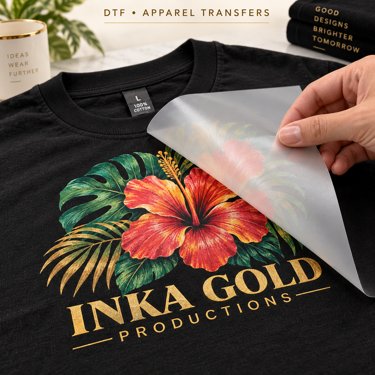 Inka Gold Productions DTF apparel transfer mockup; shirt shown as an application example
