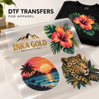 Inka Gold Productions DTF apparel transfer mockup; shirt shown as an application example