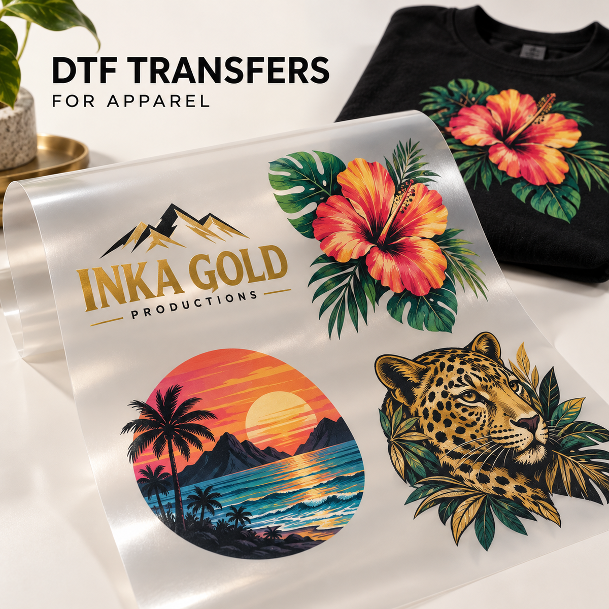Inka Gold Productions DTF apparel transfer mockup; shirt shown as an application example