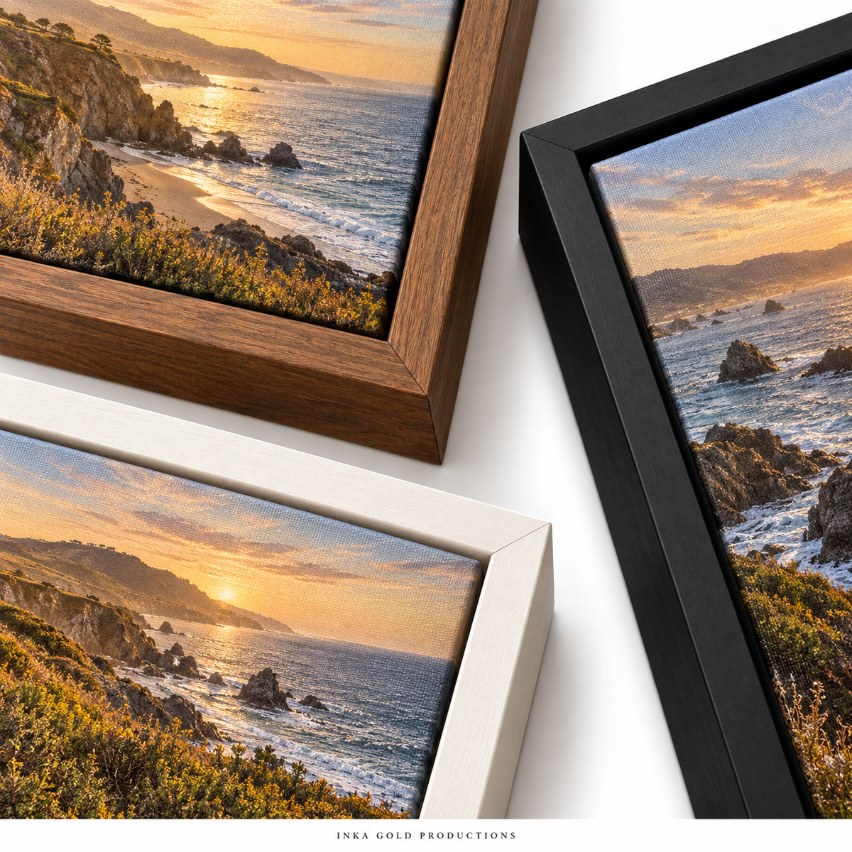 Framed canvas mockup showing pecan black and white frame finishes with coastal artwork