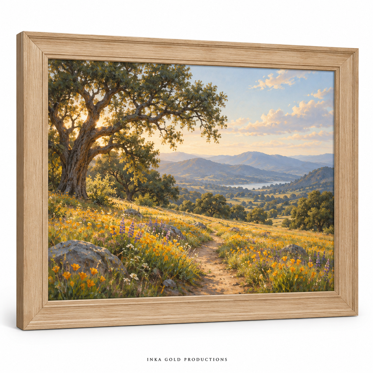 Natural wood-look framed print mockup with golden California meadow artwork