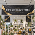 Inka Gold indoor banner mockup suspended above a retail showroom