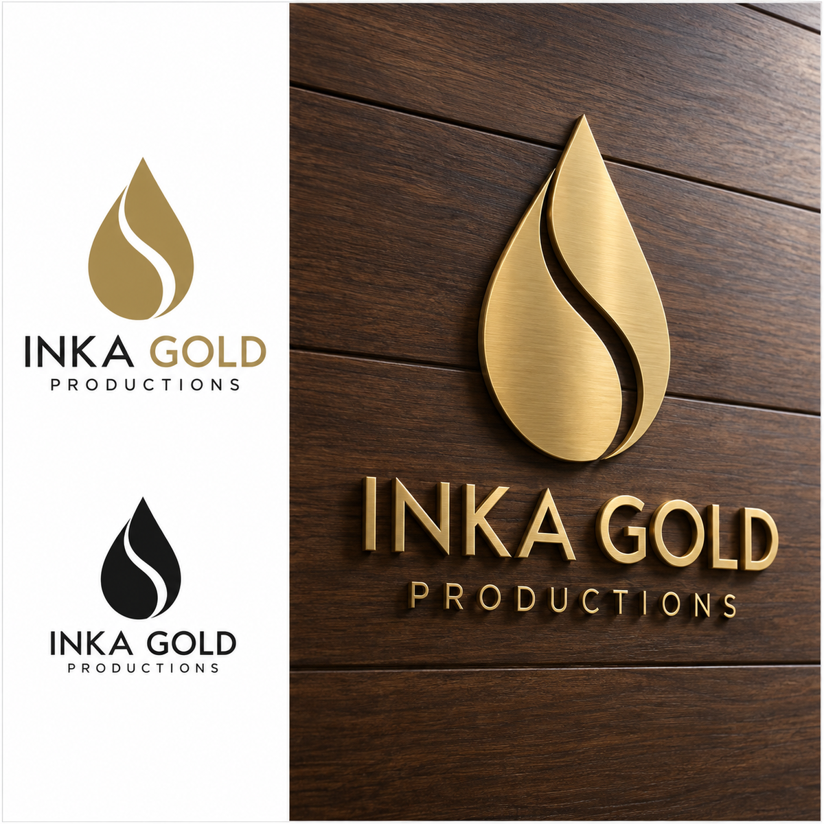 Illustrative Inka Gold logo design concept shown in color monochrome and a dimensional wall mockup